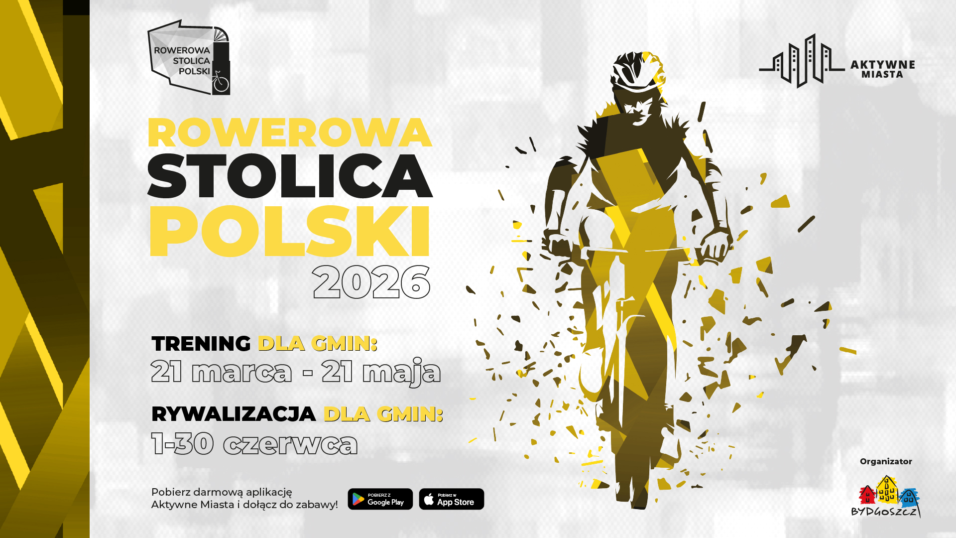 Baner pokazuje rowerzystę oraz&nbsp;informacje dotyczące rywalizacji - Rowerowa Stolica Polski - rywalizacja og&oacute;lna 1-30 czerwca, trening 21 marca - 21 maja. 