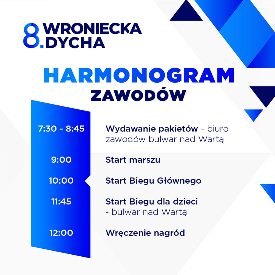 8 Wroniecka Dycha, harmonogram zawodów, 7:30-8:45 – wydawanie pakietów – biuro zawodów bulwar nad Wartą; 9:00 – start marszu; 10:00 – start Biegu Głównego; 11:45 – start Biegu dla dzieci – bulwar nad Wartą; 12:00 – wręczenie nagród.