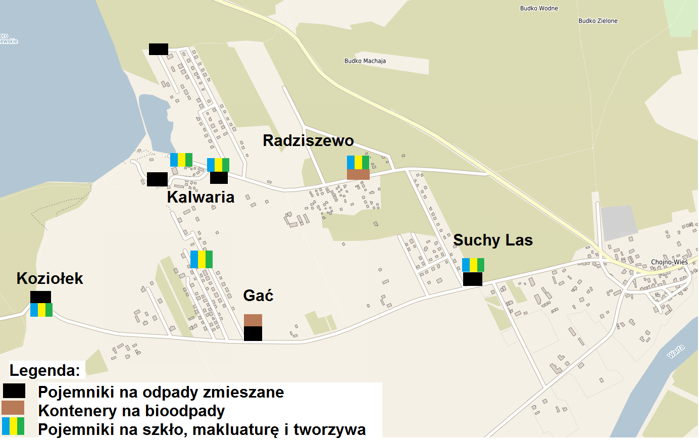 Mapa przedstawia lokalizację punktów zbiorczych na terenie Chojna, w których gromadzone są odpady komunalne - pojemniki na odpady zmieszane, kontenery na bioodpady oraz pojemniki na szkło, makulaturę i tworzywa sztuczne Mapa przedstawia lokalizację punktów zbiorczych na terenie Chojna, w których gromadzone są odpady komunalne - pojemniki na odpady zmieszane, kontenery na bioodpady oraz pojemniki na szkło, makulaturę i tworzywa sztuczne